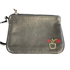 Fossil Flower Pot Embroidered Black Leather Wristlet Zipper Vintage