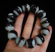 Chinese Old Hand Carving Natural White Black Jade Beads Women Bracelet