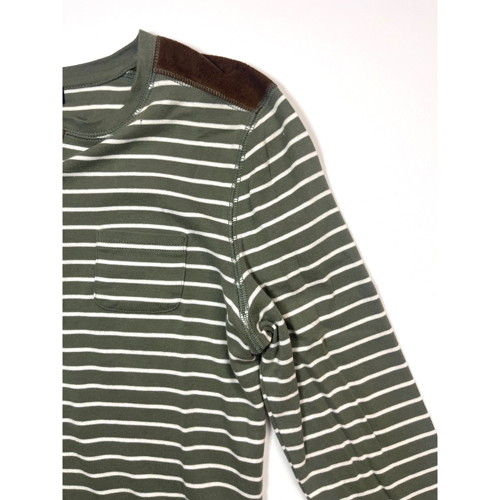 Chaps Denim Womens Large Olive Green Striped Henley Long Sleeve Suede Trim Top image 4