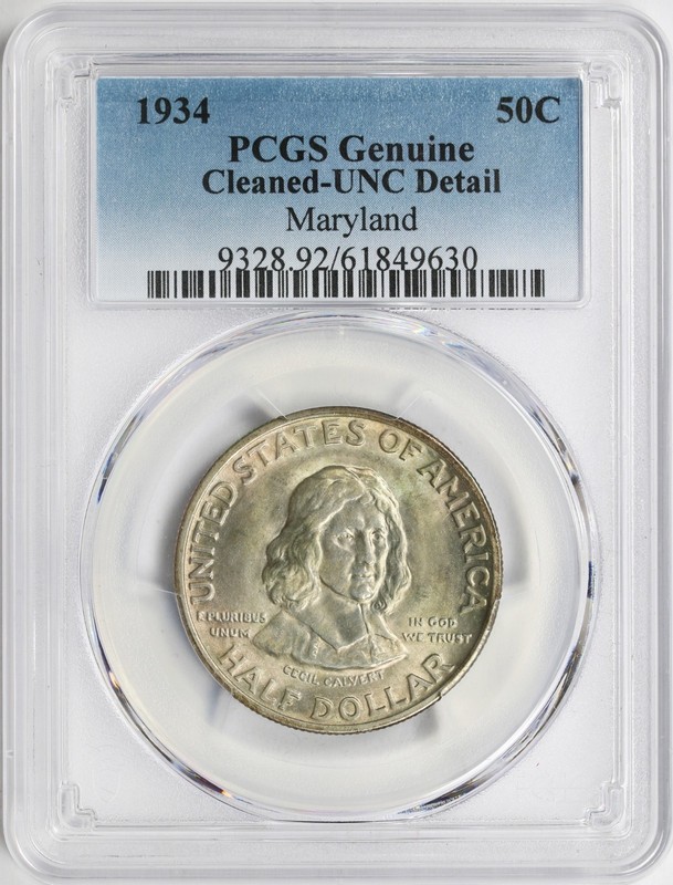 1934 50C Maryland Tercentenary PCGS UNC Details Genuine Cleaned Comm Half