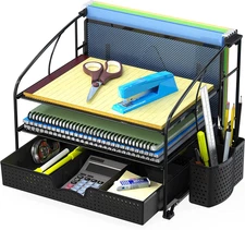 3-Tier Desk Organizer with Sliding Drawer, Hanging File Holder and Pen Holder Ac