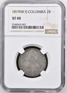 Moneta argento 1819 NR FJ Colombia 2 reales NGC XF40