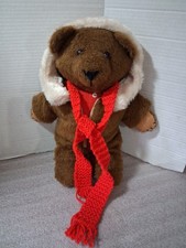 Vintage Winter Christmas Stuffed Plush Bear 13" With Fur Coat Scarf