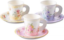 24 Paper Tea Cups  Plates 7 OZ Disposable Paper Teacups  Saucer Sets Hot 