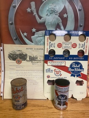 Pabst Brewing Co Lot Old Letterhead Can Oi And Other Can And Six Pack Holder