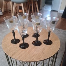 6x Cristal D Arques Durand Onyx Wine Glass Goblet Optic Panel Black Stem France