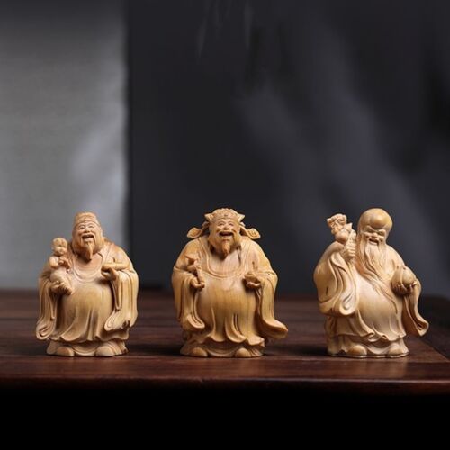 Cliff Cypress Wood Carving Fu Lu Shou Birthday Star God Wealth Decoration - Afbeelding 1 van 13