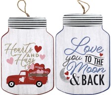 2 X Valentines Day Mason Jar Hanging Signs Hearts Hugs Love You to the Moon Back