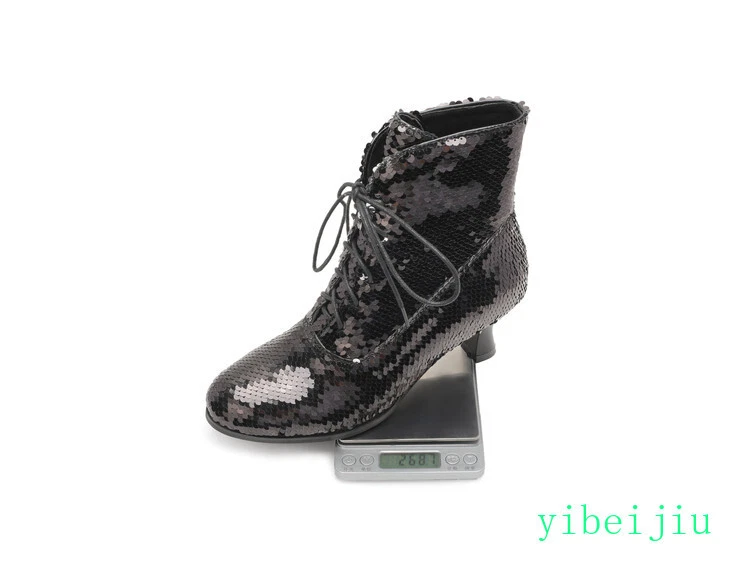 Para mujeres Gatito Tacón Lentejuelas Botines Brillo Con Cordones Zapatos Baile Performance Foto 2 de 4