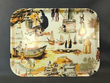 Ancien plateau service table motif bateaux pèche GROS ROMAN Wesserling vintage