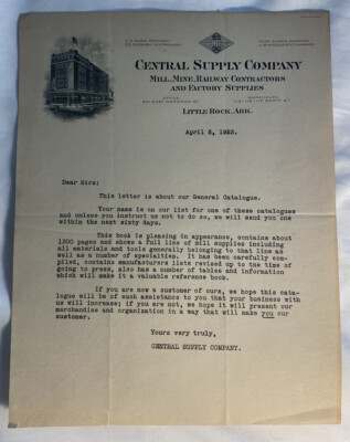 Vintage 1923 Central Supply Co of Little Rock Arkansas AR Advertising Letterhead