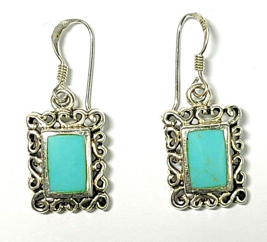 Sterling Silver Blue Turquoise Rectangle Decorati… - image 1
