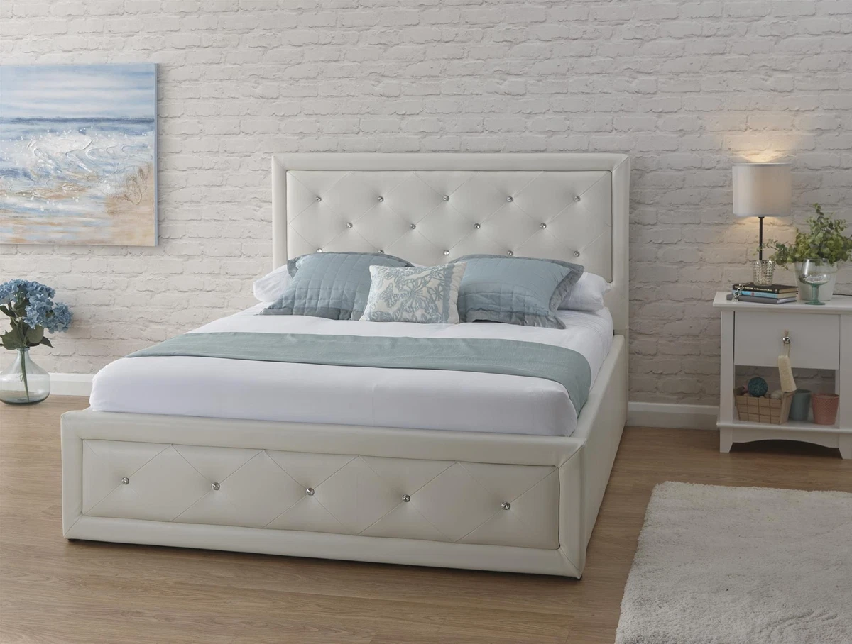 HOLLYWOOD FAUX LEATHER OTTOMAN STORAGE BED CREAM WHITE 3FT 4FT6 DOUBLE 5FT KING