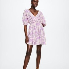 MNG Mango Floral Hawaiian Tropical Flowers Dress V Neck Purple Sundress US 4