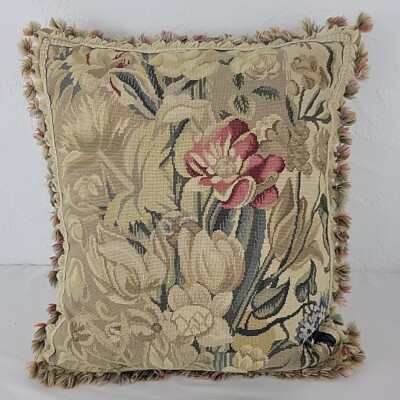 Floral Needlepoint Pillow Aubusson Granny Core Tulip Tassel Velvet Wool 18''x20''