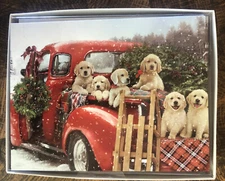 12 CHRISTMAS Leanin Tree Cards Box Set, CUTE YELLOW LAB PUPPIES IN OLD RED TRUCK
