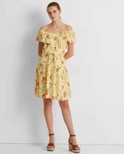 Lauren Ralph Lauren Crinkled Cotton Off Shoulder Dress Yellow Size 14 $145 SALE