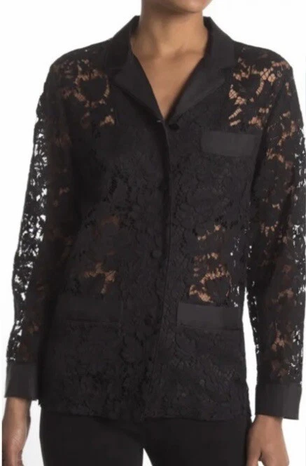 Giacca Blazer Retail $2442 Valentino Finiture in Seta Pizzo Nero 4 US 40 Nuova Senza Senza Etichette