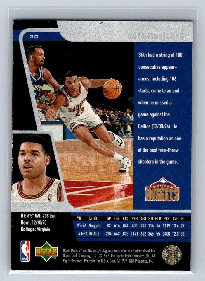 1996-97 SP #30 Bryant Stith Denver Nuggets Basketball Card - Image 2 of 2