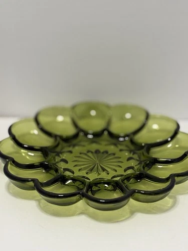 Anchor Hocking Vintage Deviled Egg Glass Dish Plate Fairfield, Avocado Green