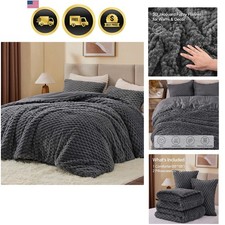 Fluffy Queen Comforter Set - Grey Fleece Soft Comforter for Queen Size Bed, L...