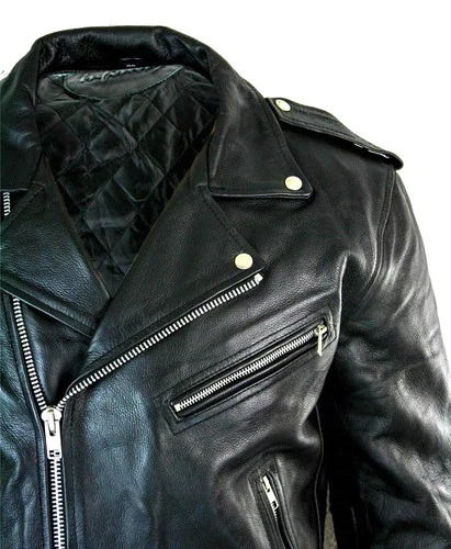 Men's Motorcycle Leather jacket Genuine Buffalo Skin Brando Style Black Biker image 4
