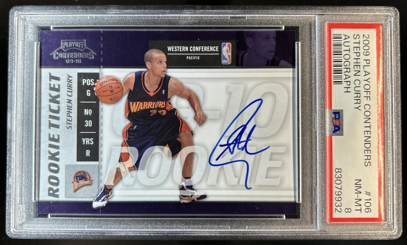 2009-10 Panini Playoff Contenders Stephen Curry Rookie Ticket RC Auto #106 PSA 8 view 1