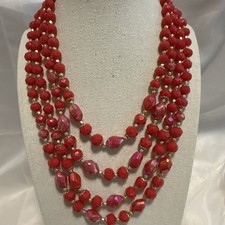 Vintage Hong Kong Red Iridescent Red Strand Acrylic Beaded Gold Tone Necklace 17