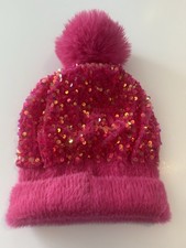 Girls Pink Sequin Faux Fur Pom-Pom Beanie Hat Winter Knit Lined