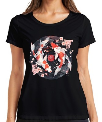 Koi Karpfen Sakura Japanisch Fische Zen Kirschblüten YinYang 鯉 Damen T-Shirt