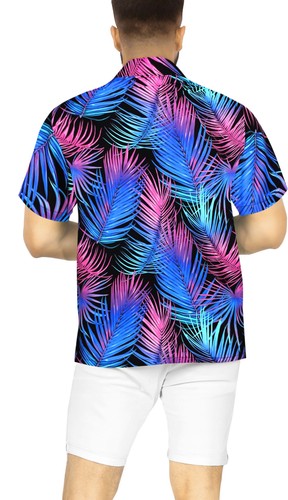 HAPPY BAY Men's Hawaiian Short Sleeve Button Down Shirts M Neon Leaves, Blue - Picture 2 of 3