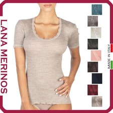 Maglia Intima Donna Manica Corta Lana Invernale Termica Costina Pizzo Maglietta