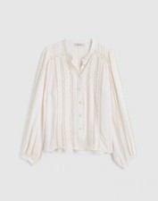 Lace-Insert Button-Up Long-Sleeve Top in white size XS
