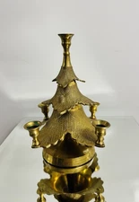 Vintage Solid Brass Etched Christmas Tree Five Candle Holder MCM 8" Candelabra