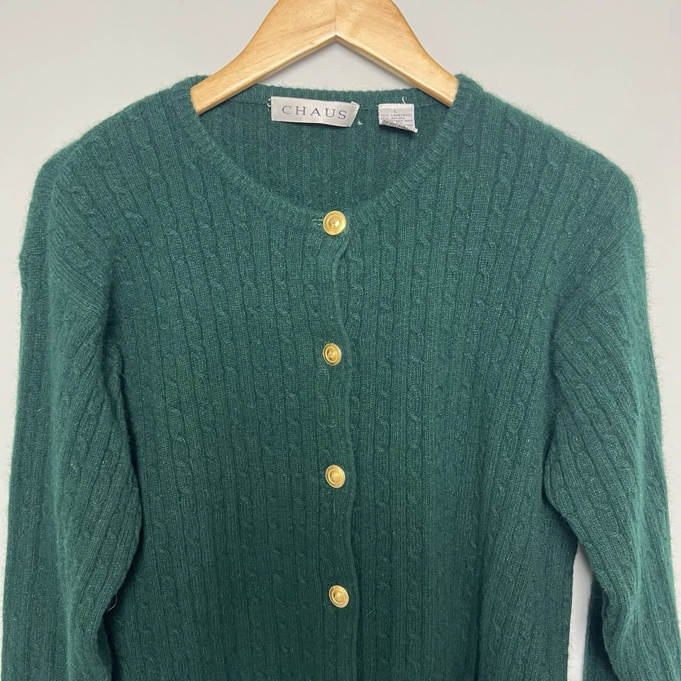 Cárdigan tejido con cable Chaus vintage para mujer L lana de cordero angora suéter verde Kelly Foto 2 de 4