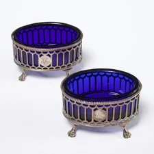 Antique Silver Plated Clawfoot Cobalt Blue Glass Liner Open Salt Cellars Pair
