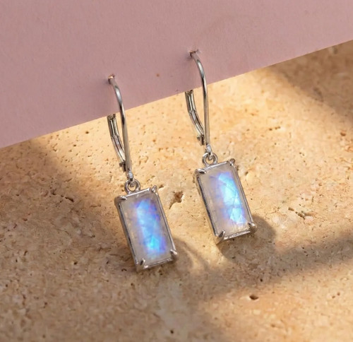 Rectangle Cut Moonstone Lever Back Earrings 925Sterling Silver Jewelry For Girls