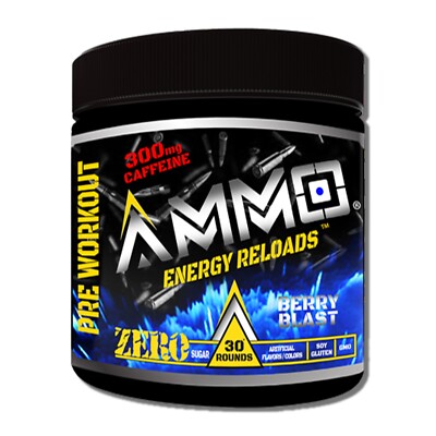 AMMO  Energy Reloads Pre Workout Powder Berry 300mg Caffeine Zero Sugar 30serv
