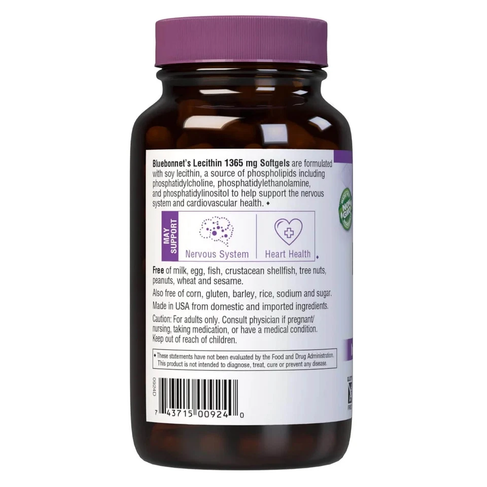 Bluebonnet Lecitina 1365 Mg 90 Cápsulas Blandas, Sistema Nervioso y Salud del Corazón Foto 3 de 4