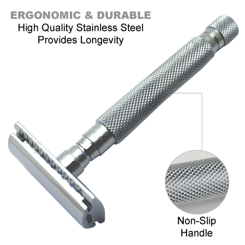 STAINLESS STEEL 4.2" LONG DOUBLE EDGE SAFETY RAZOR FOR MEN + 10 SHAVING BLADES - Picture 4 of 6