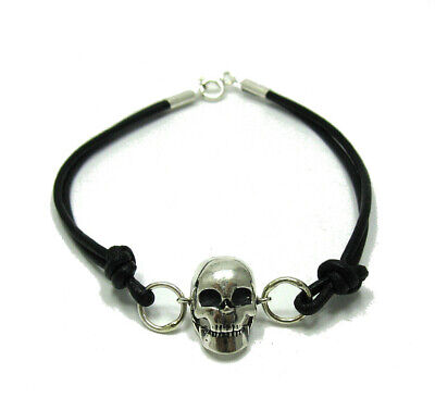 Black Genuine Leather Mens Bracelet or Necklace with Skull 925 Silver