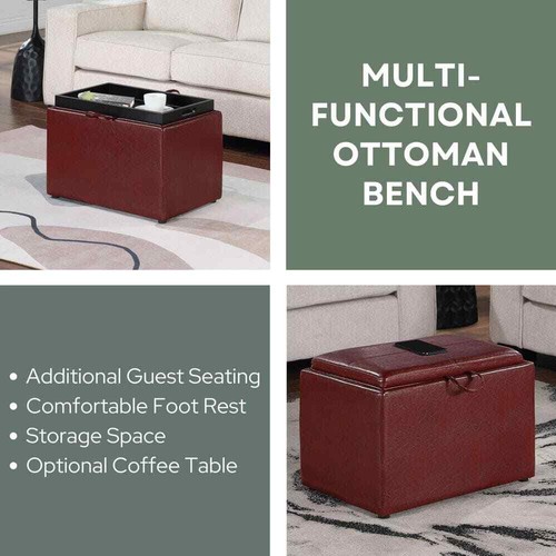 Designs4Comfort Burgundy Faux Leather Storage Ottoman with Reversible Tray - Picture 6 of 8
