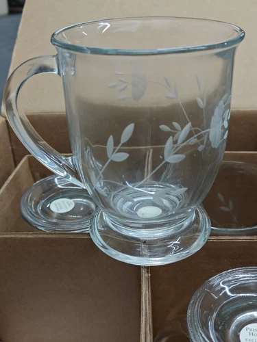 Princess House Heritage Crystal Large Footed Clear Glass Coffee Mug Set Of 4 NIB