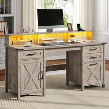 HOOBRO Farmhouse Office Desk 63" Long Computer Desks with File Drawers