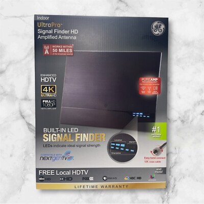 GE INDOOR SIGNAL FINDER FLAT AMPLIFIED ANTENNA-HD-UHF-VHF-4k-1080P