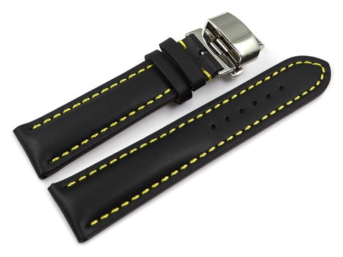 Bracelet Montre Déployant Papillon En Cuir Veau Noir - Rembourrage épais, Couture Jaune, Taille M