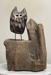 Vintage Handmade Kiln Clay Glazed Owl Sculpture Natural Driftwood Base MCM Read