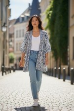 Max Studio Floral Paisley Kimono Cardigan Blue White Open Front NWT S