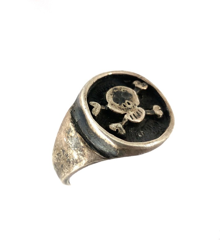 Oxidized Sterling Silver Vintage Skull & Bones Biker Ring Sz. 11.75