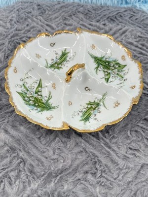 Vintage Hand Painted Lily of the Valley Divided Serving Dish 4 Section w/ Handle